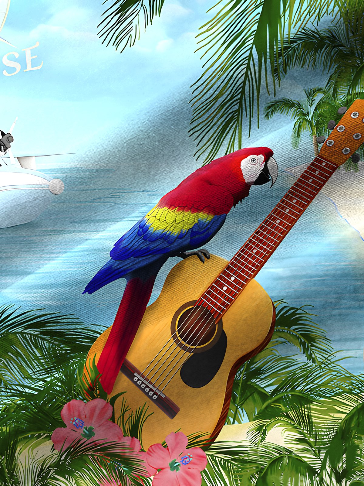 Royaura Nautical Parrot Guitar Print Beach Men's Hawaiian Oversized Shirt with Pockets