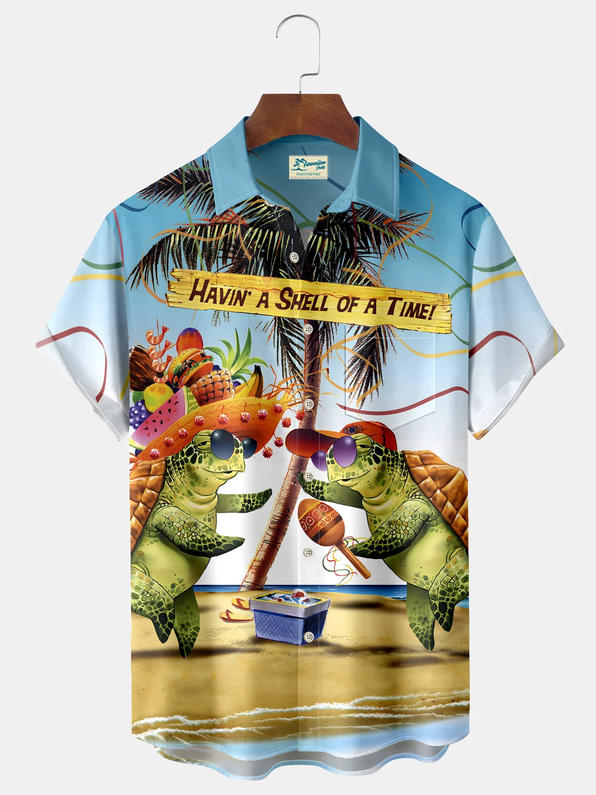 Royaura Holiday Coconut Tree Turtle Print Beach Men's Hawaiian Oversized Shirt with Pockets