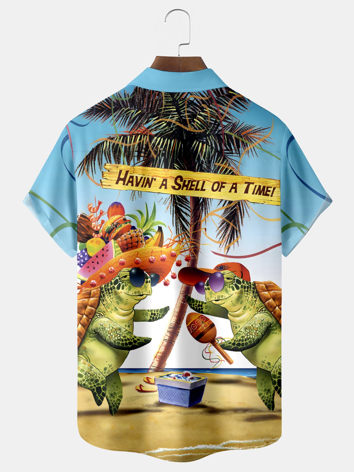 Royaura Holiday Coconut Tree Turtle Print Beach Men's Hawaiian Oversized Shirt with Pockets