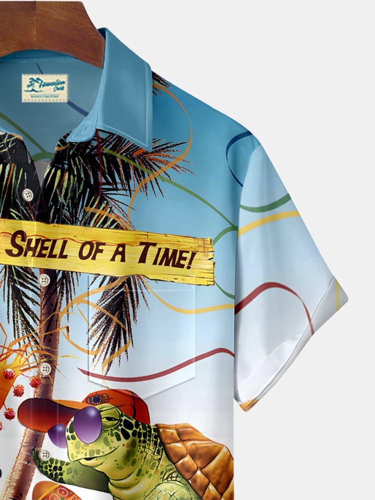 Royaura Holiday Coconut Tree Turtle Print Beach Men's Hawaiian Oversized Shirt with Pockets