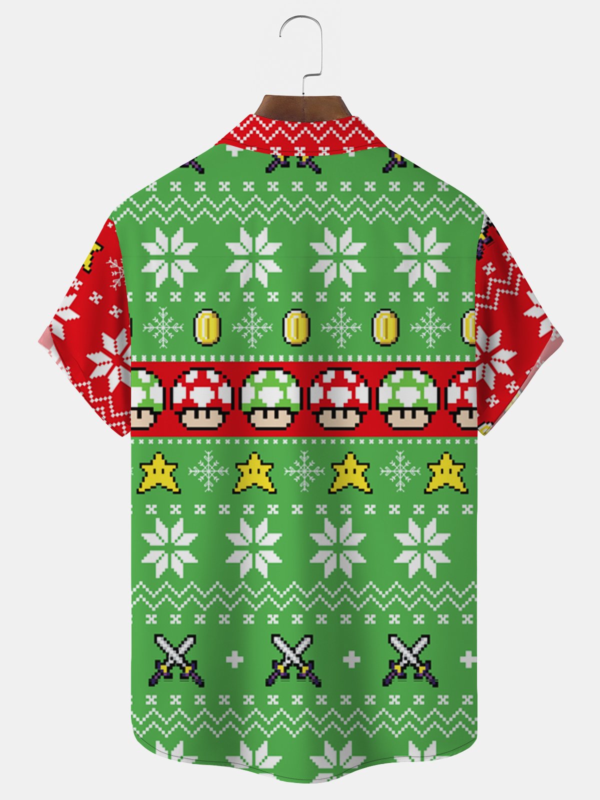 Royaura Christmas Holiday Green Men's Game Shirts Cartoon Stretch Plus Size Casual Camp Pocket Button Shirts