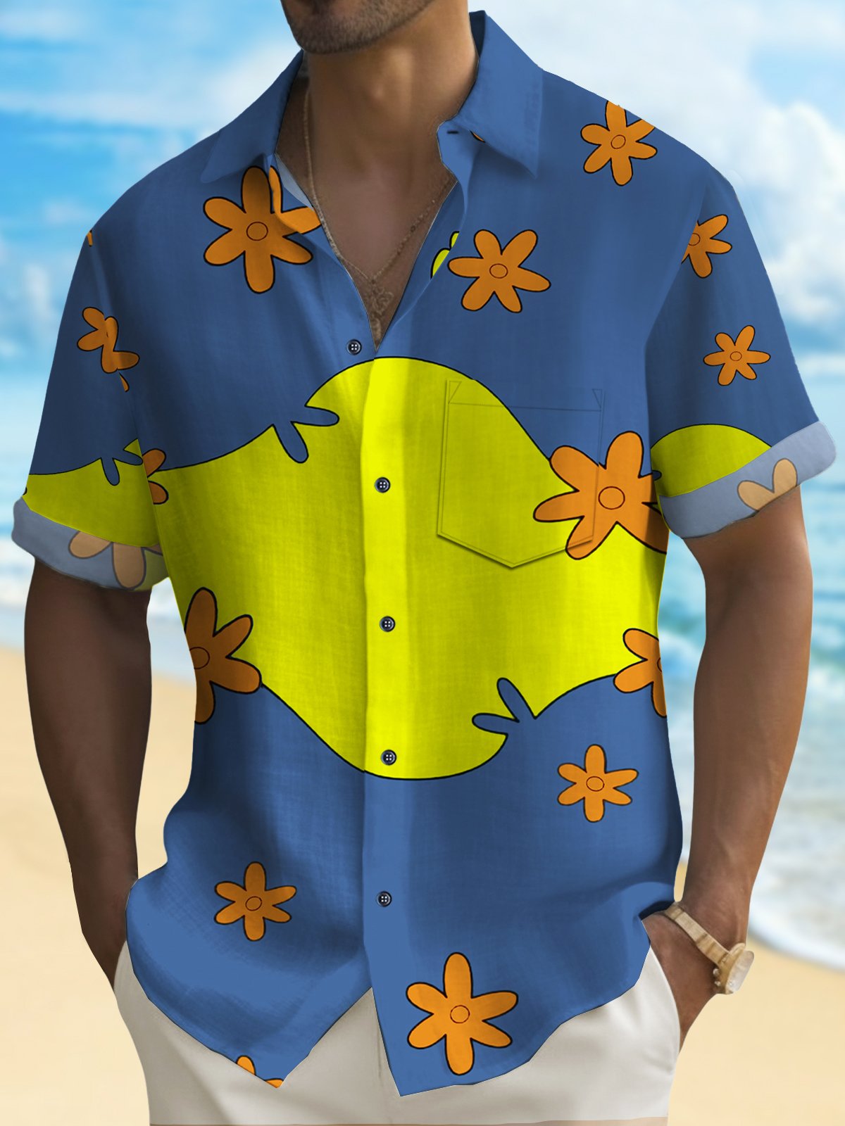 Royaura 50’s Retro Cartoon Casual Blue Men's Hawaiian Shirts Fun Floral Art Stretch Plus Size Aloha Pocket Camp Shirts