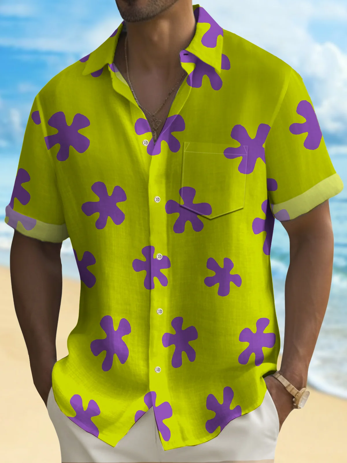 Royaura 50’s Retro Cartoon Green Men's Hawaiian Shirts Stretch Oversized Aloha Button Camp Shirts