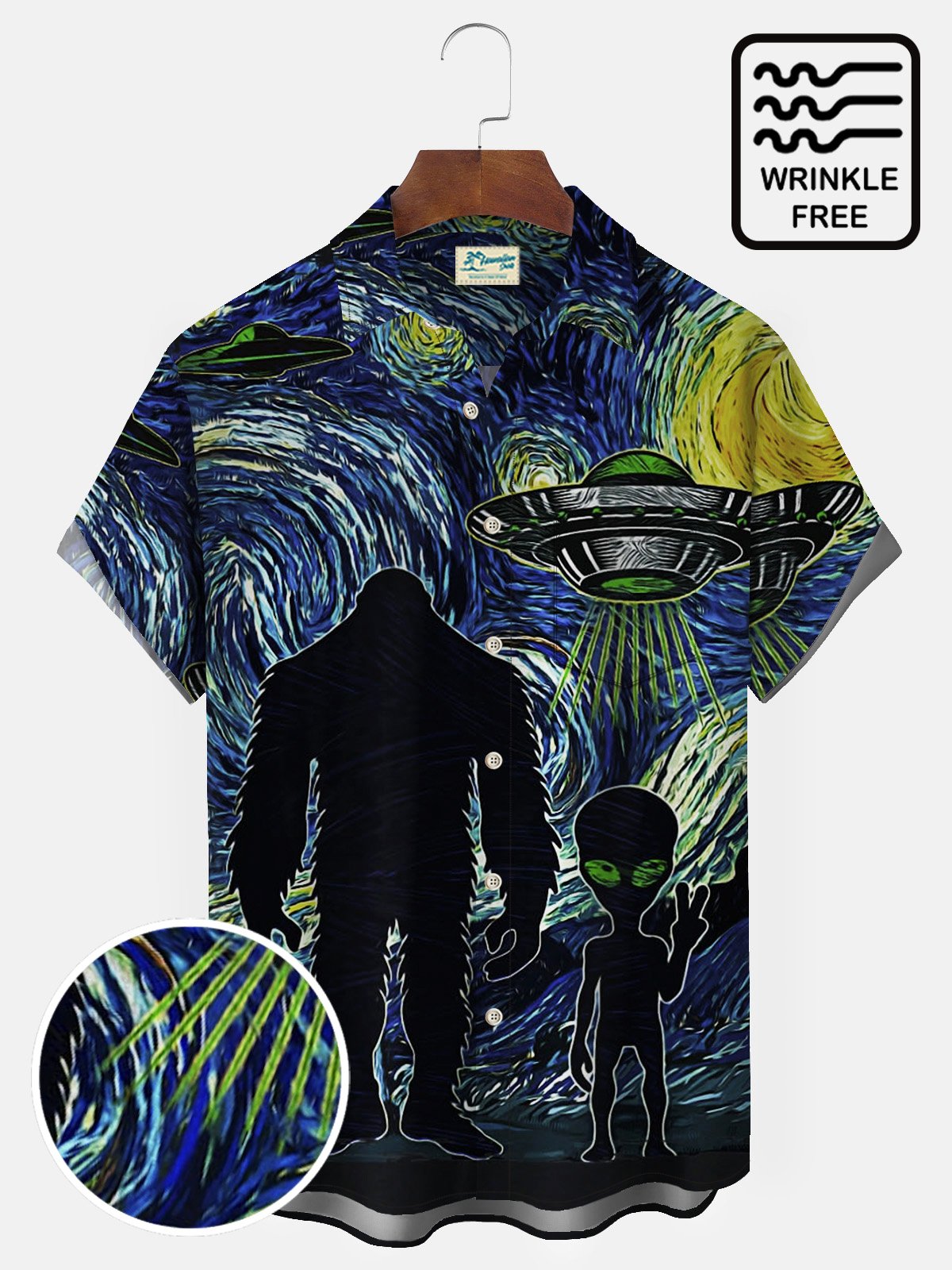 Royaura Mysterious Animals Bigfoot & ET Blue Men's Hawaiian Shirts Art Stretch Wrinkle Free Seersucker Aloha Camp Pocket Shirts