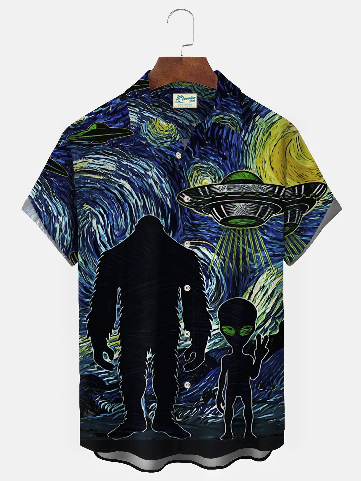 Royaura Mysterious Animals Bigfoot & ET Blue Men's Hawaiian Shirts Art Stretch Wrinkle Free Seersucker Aloha Camp Pocket Shirts