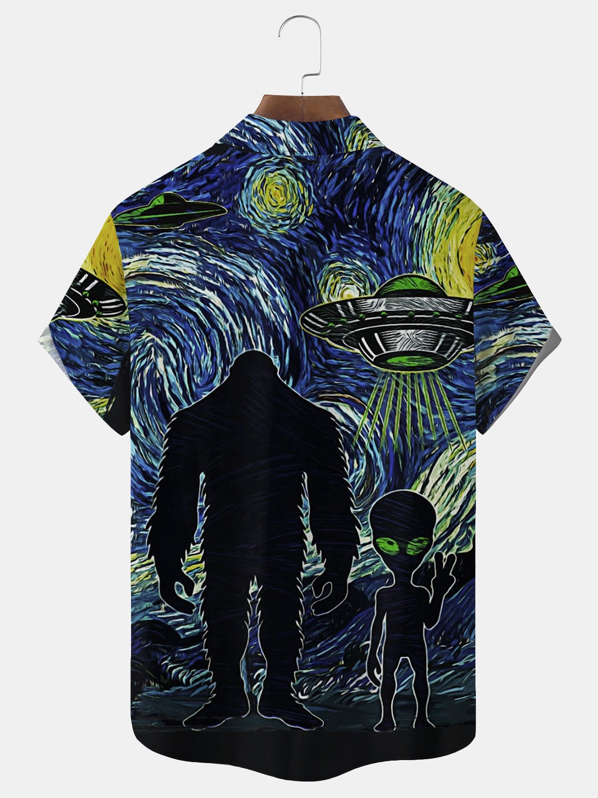 Royaura Mysterious Animals Bigfoot & ET Blue Men's Hawaiian Shirts Art Stretch Wrinkle Free Seersucker Aloha Camp Pocket Shirts