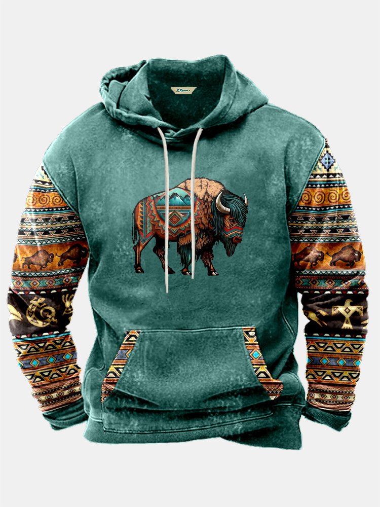Royaura Men's Aztec Native American Bison Print Vintage Drawstring Hoodies