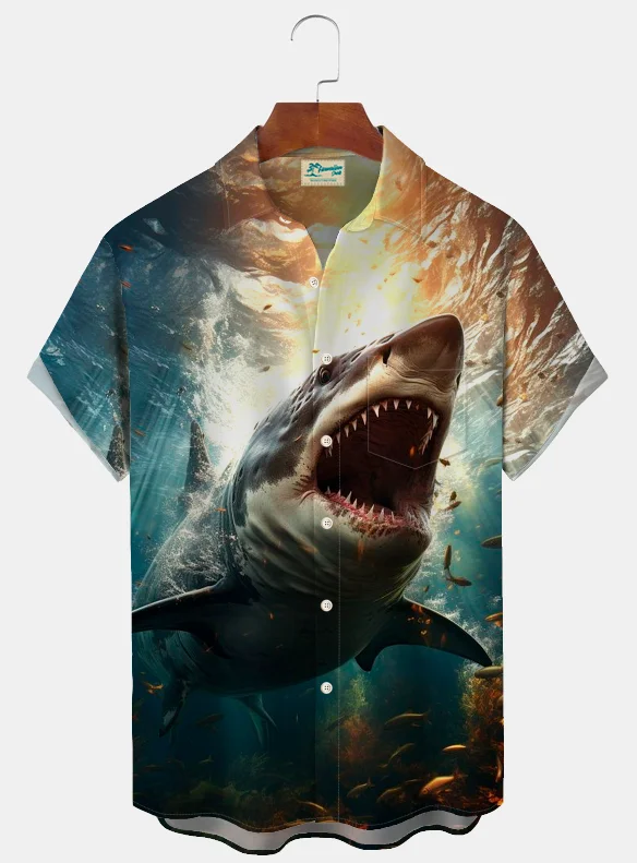 Royaura Vintage Shark Ocean Print Men's Button Pocket Shirt