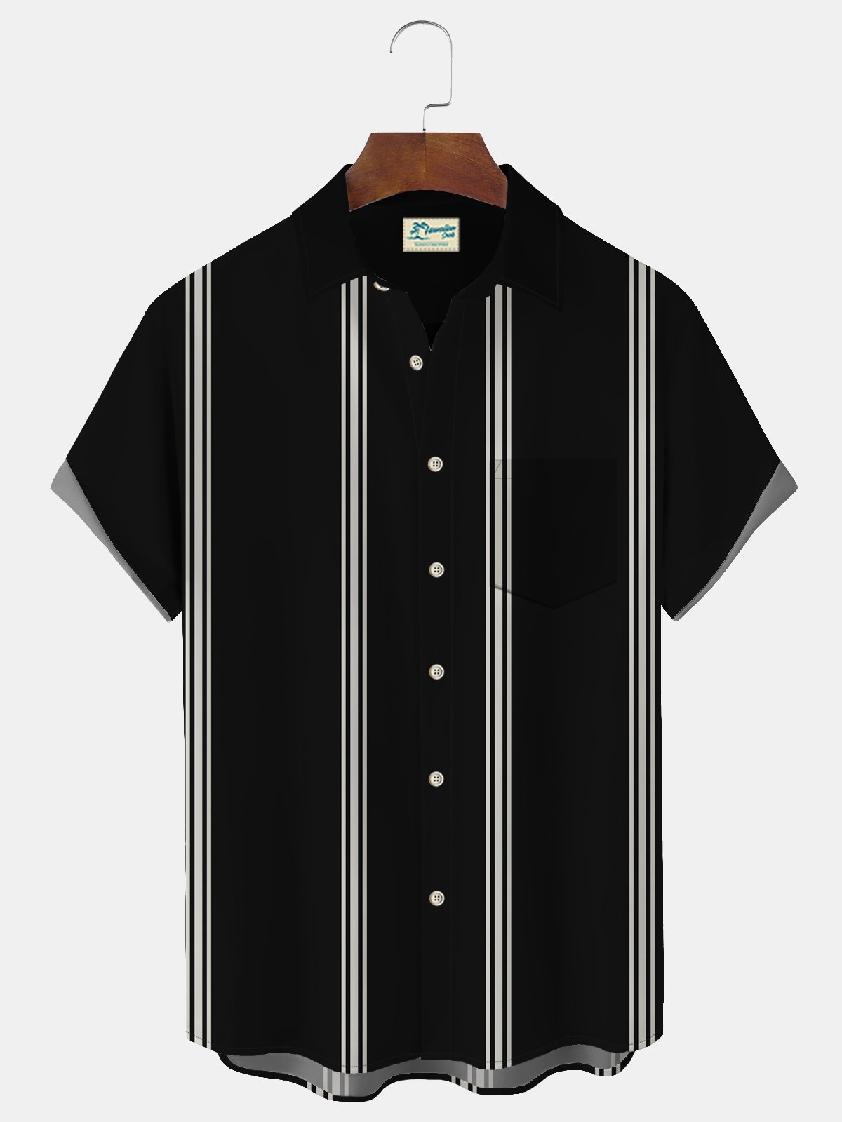 Royaura Retro Striped Bowling Print Men's Button Pocket Short Sleeve Shirt