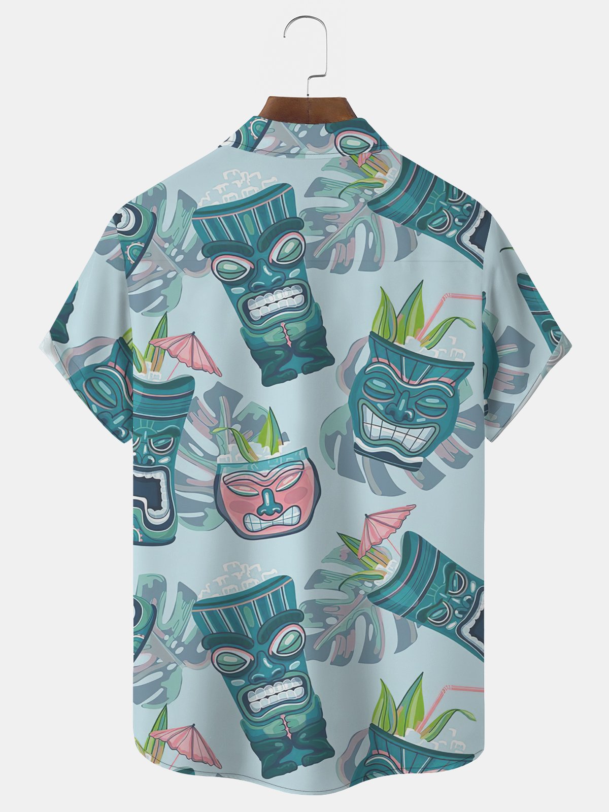 Royaura Hawaiian Tiki Print Men's Button Pocket Short Sleeve Shirt
