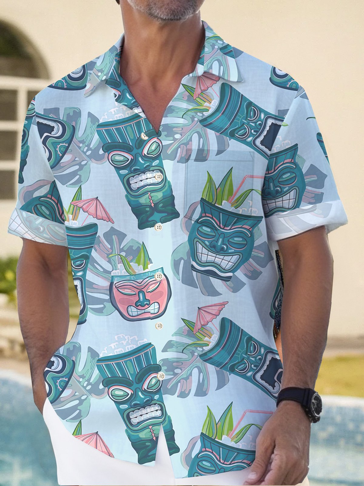 Royaura Hawaiian Tiki Print Men's Button Pocket Short Sleeve Shirt