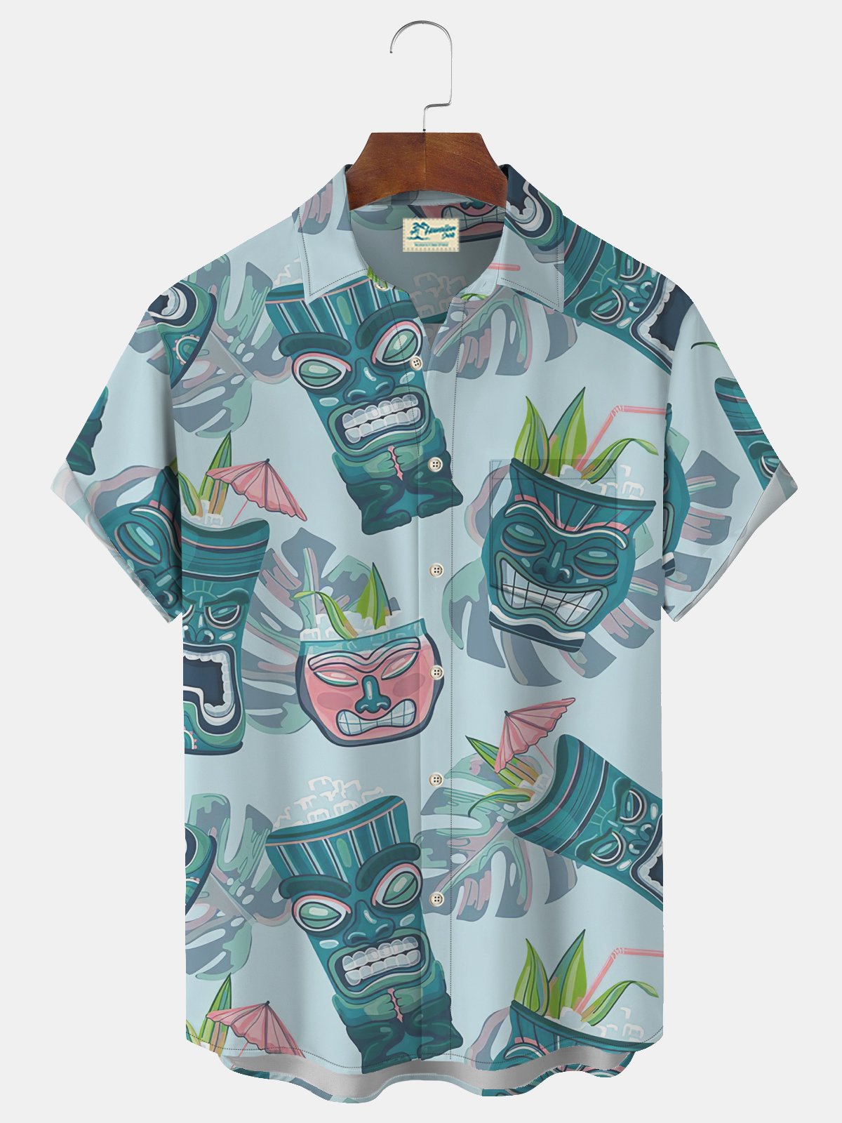 Royaura Hawaiian Tiki Print Men's Button Pocket Short Sleeve Shirt