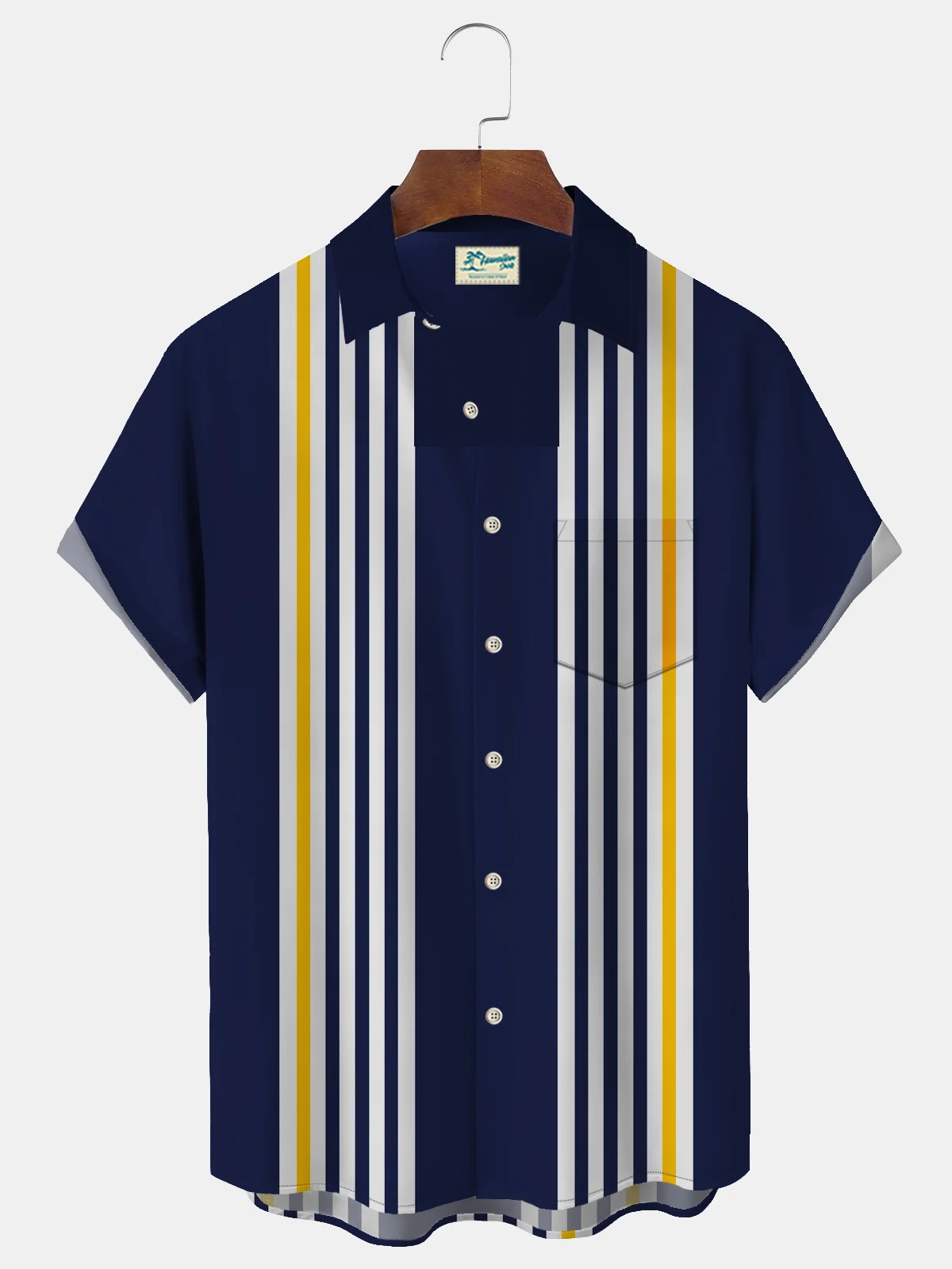 Royaura Retro Striped Bowling Print Men's Button Pocket Short Sleeve Shirt