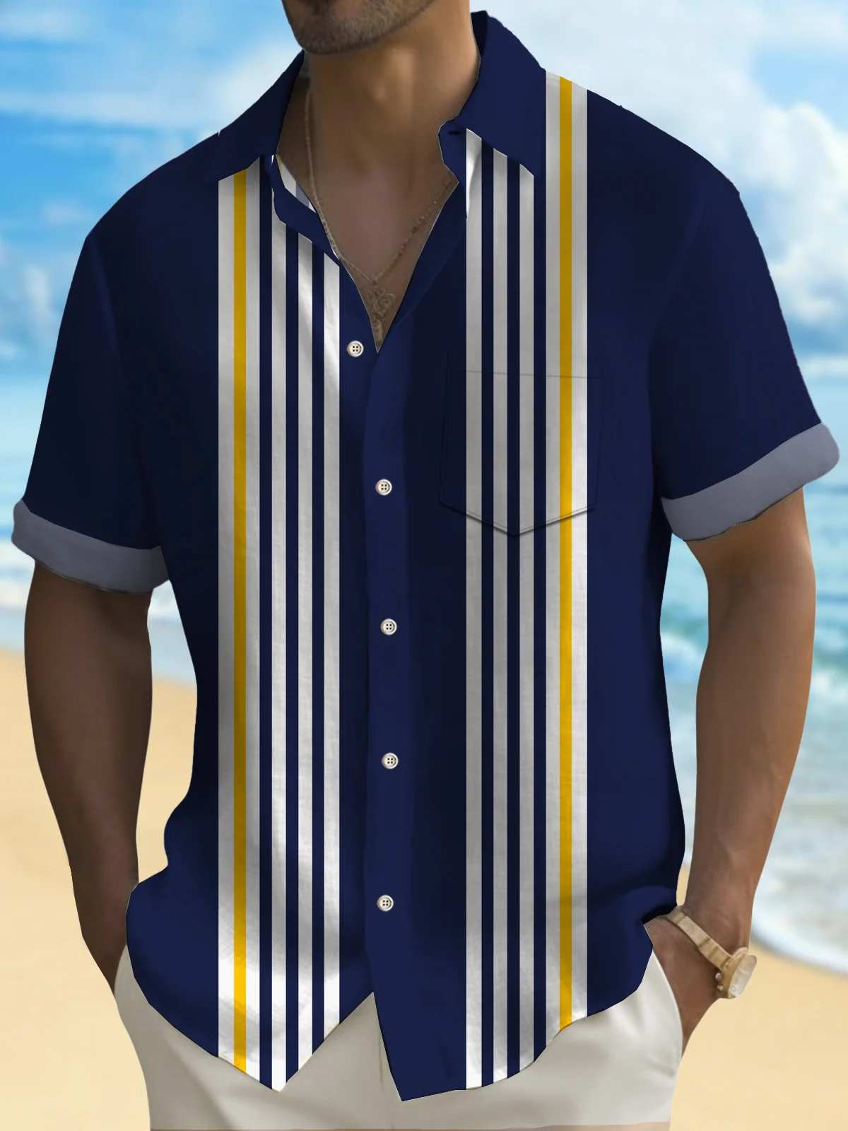 Royaura Retro Striped Bowling Print Men's Button Pocket Short Sleeve Shirt