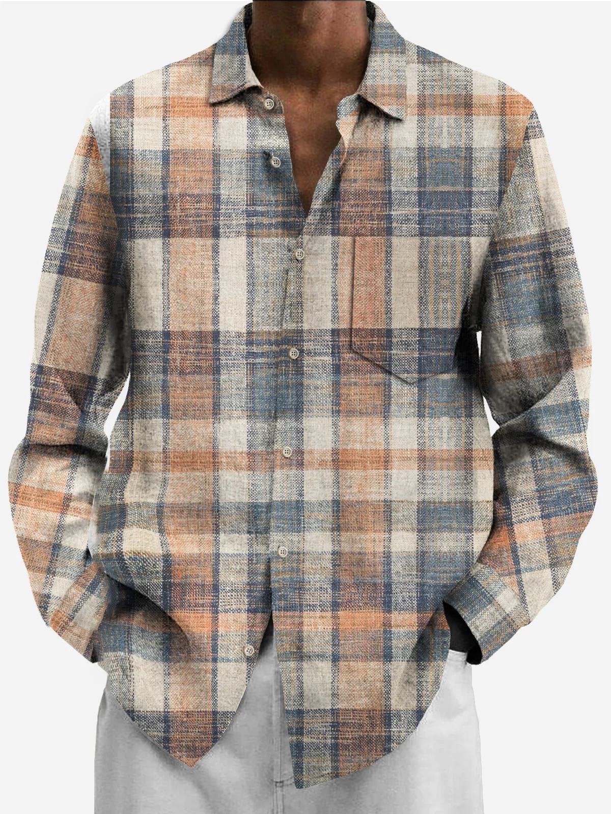 Royaura Vintage Light Gray Stand Collar Plaid Men's Long Sleeve Shirts Breathable and Comfortable Pocket Camp Button-Down Shirts
