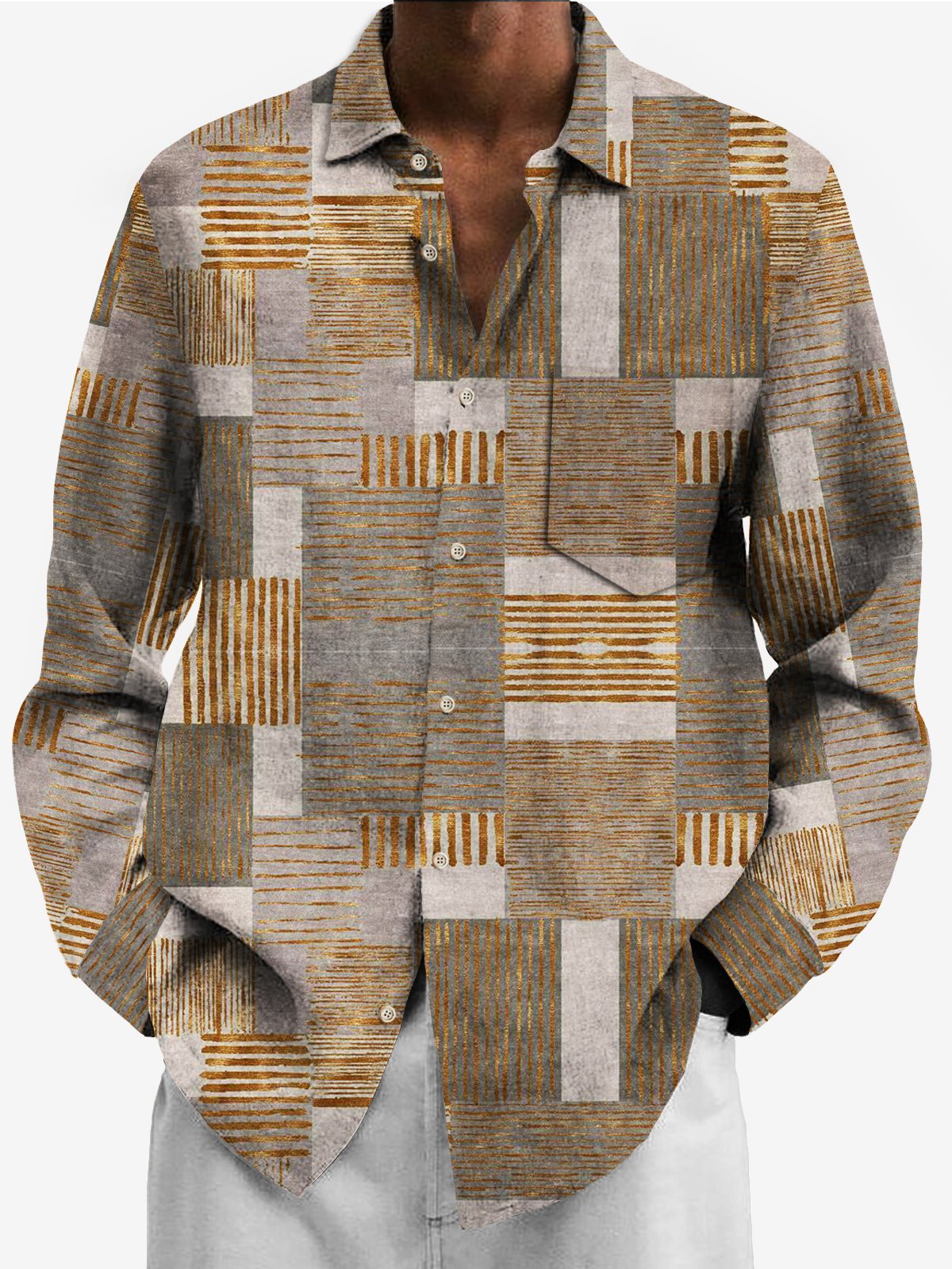 Royaura 50’s Vintage Mid-Century Geometric Khaki Men's Shirts Stretch Plus Size Aloha Camp Pocket Long Sleeve  Shirts