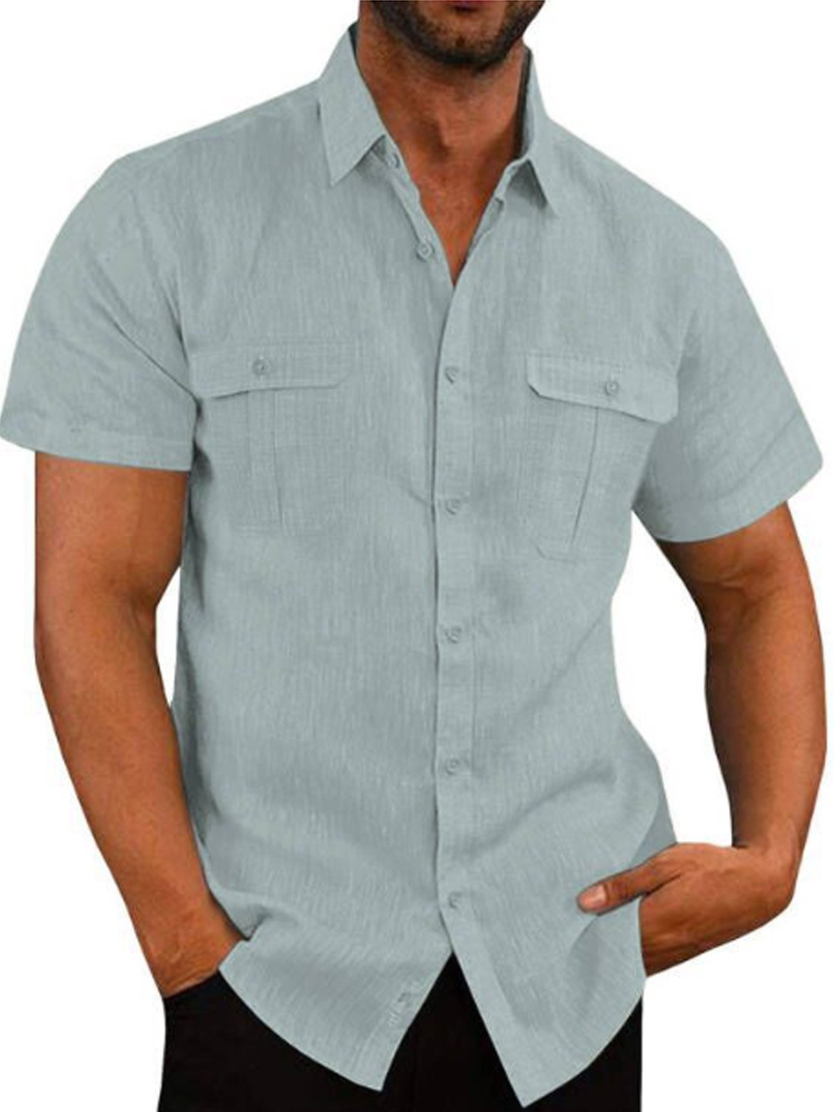 Men's Casual Vacation Double Pocket Natural Fiber Short Sleeve Shirt