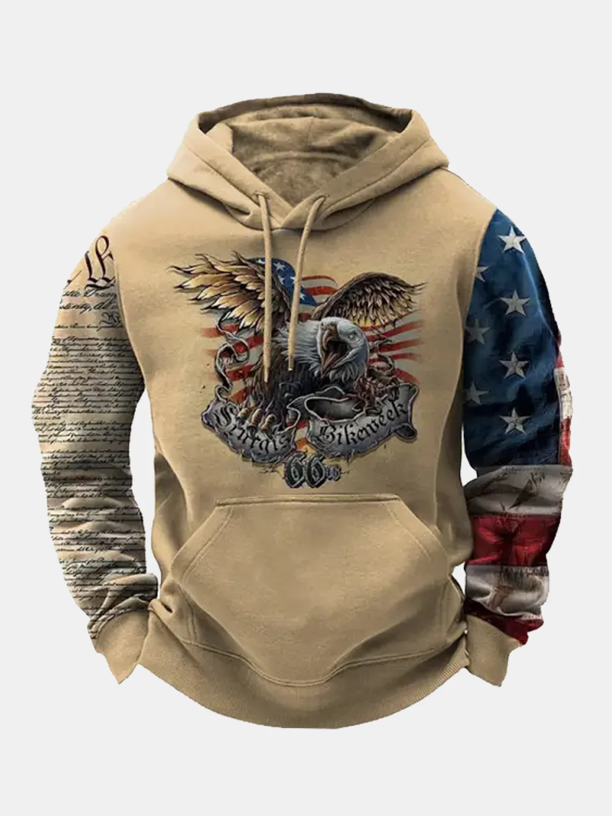 Royaura Vintage American Flag Khaki Drawstring Hoodies American Eagle Western Camp Warm Pocket Pullover Sweatshirts