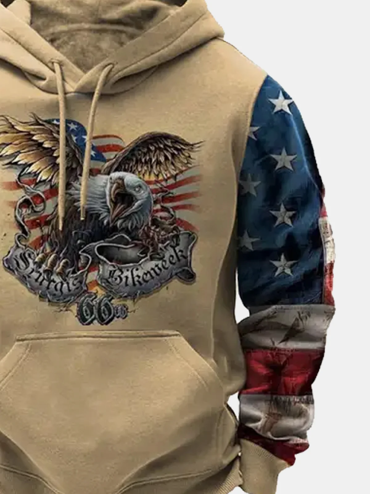 Royaura Vintage American Flag Khaki Drawstring Hoodies American Eagle Western Camp Warm Pocket Pullover Sweatshirts
