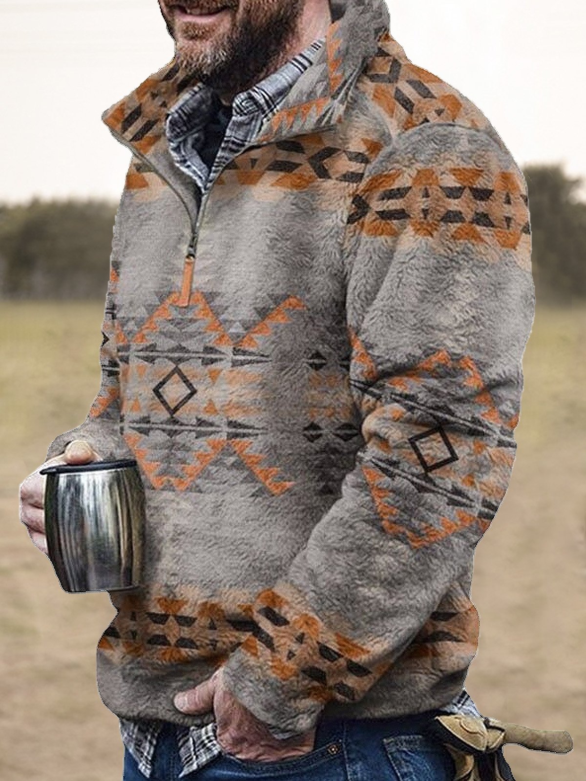 Royaura Men's Geometric Print Warm Zip Stand Collar Sweatshirt