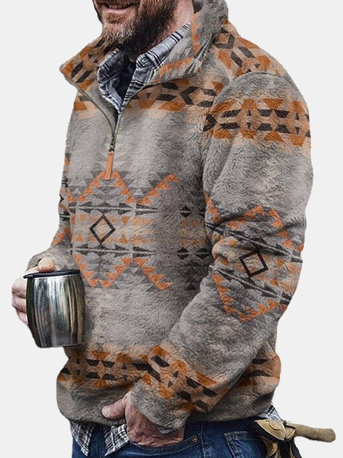 Royaura Men's Geometric Print Warm Zip Stand Collar Sweatshirt