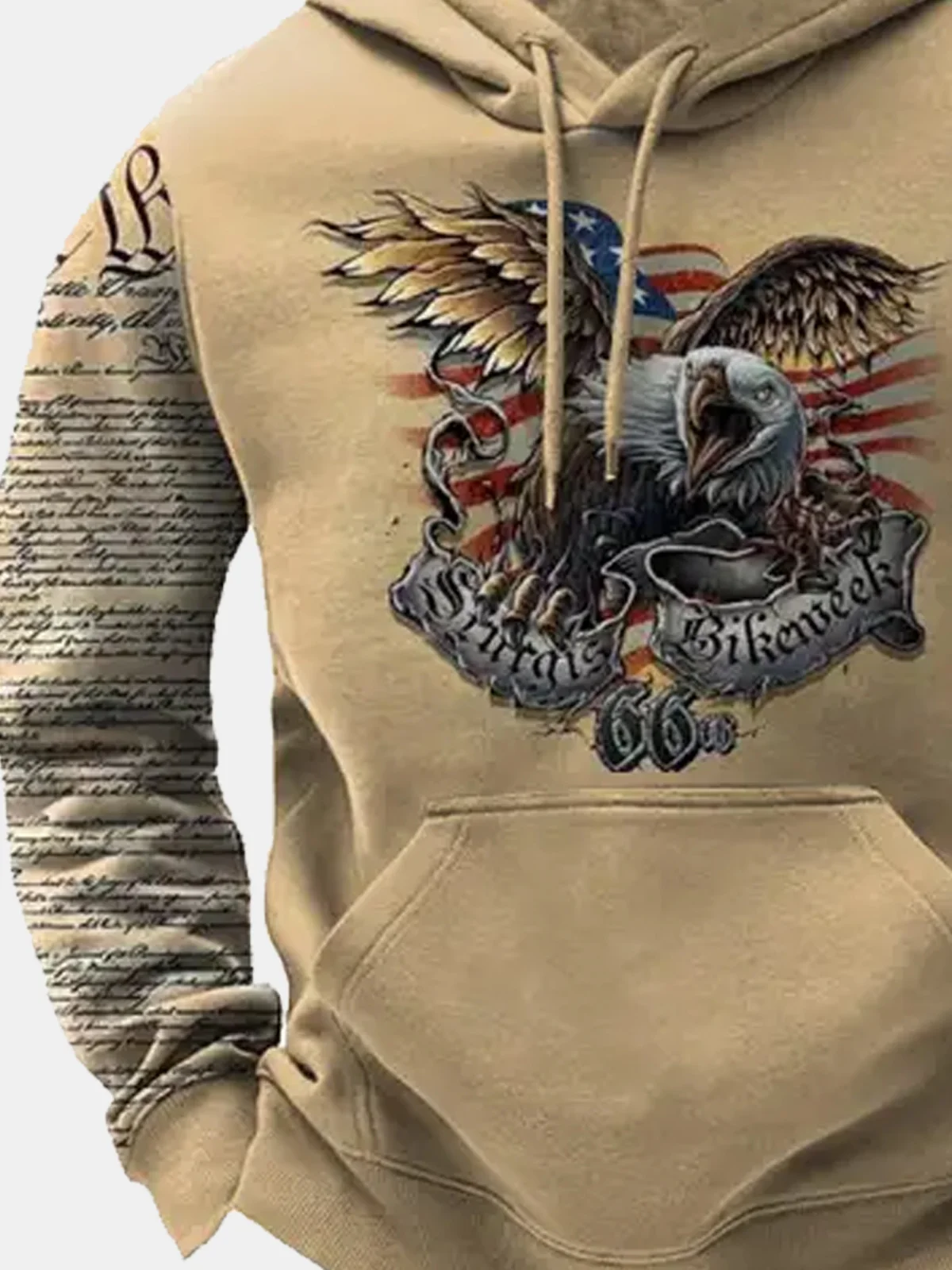 Royaura Vintage American Flag Khaki Drawstring Hoodies American Eagle Western Camp Warm Pocket Pullover Sweatshirts