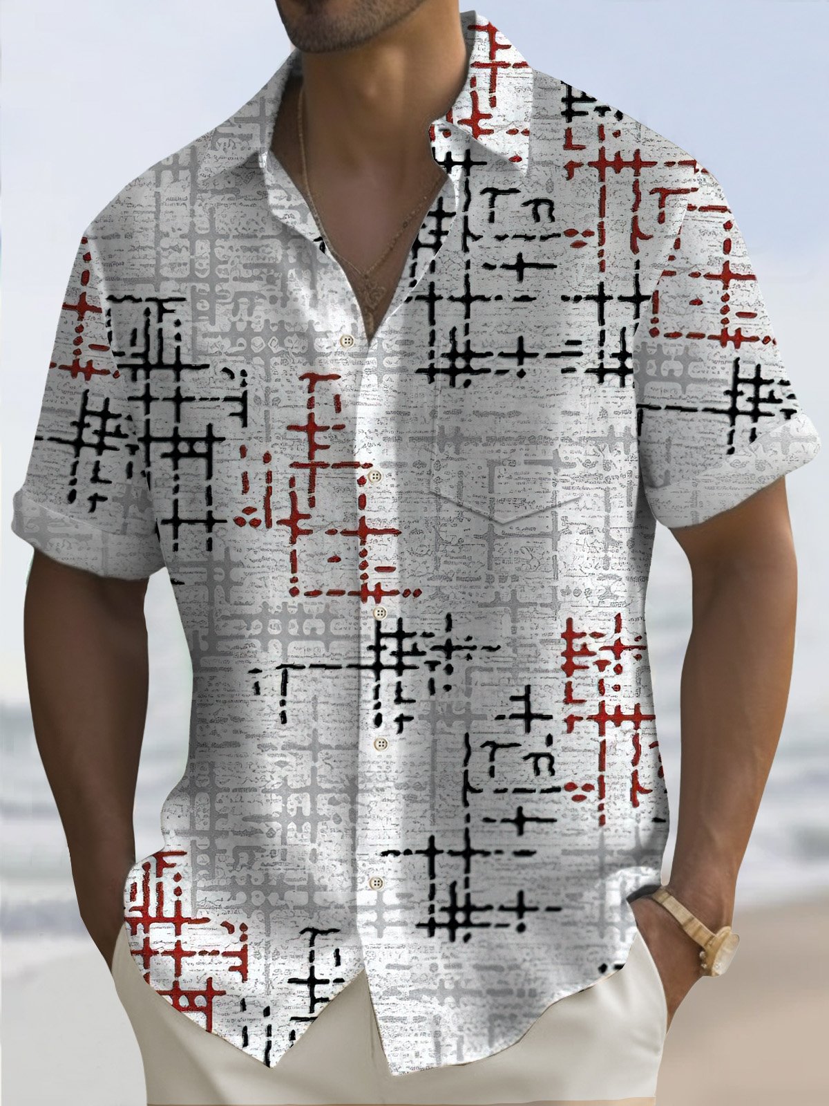 Royaura Geometric Print Men's Button Pocket Shirt