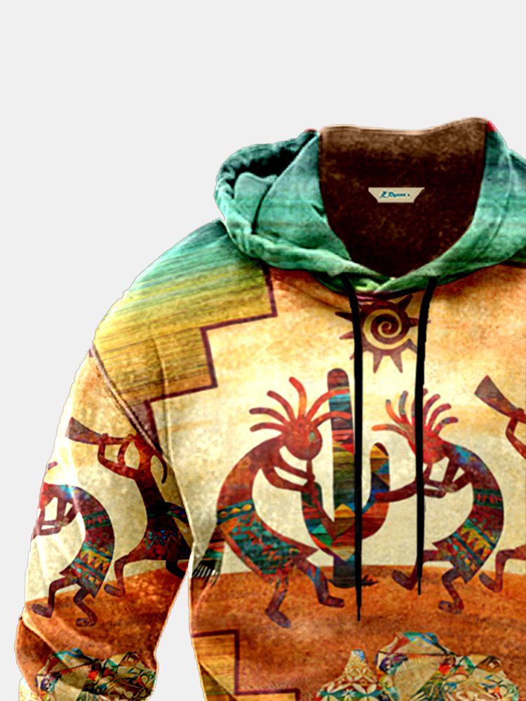 Royaura Men's Aztec Panel Print Vintage Drawstring Hoodie