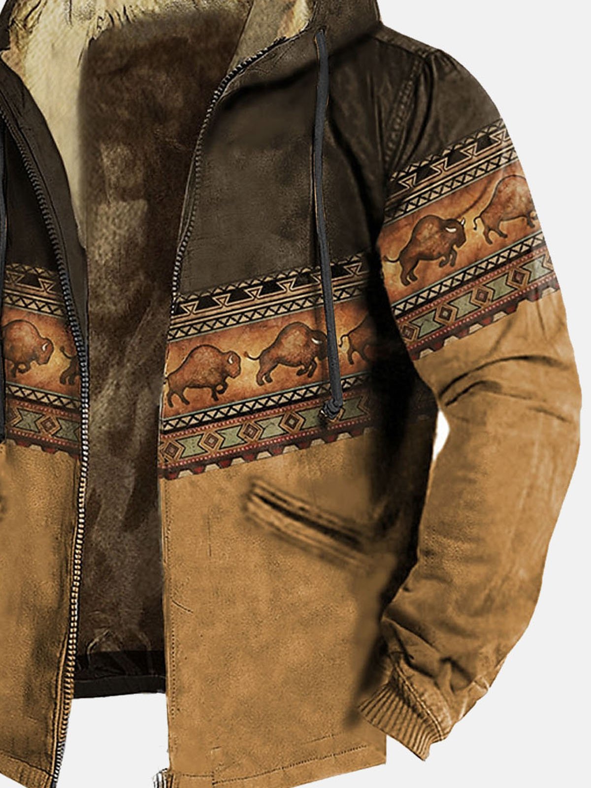 Royaura Vintage Aztec Khaki Men's Drawstring Hoodies Stretch Warm Fleece Ethnic Geometric Art Pullover Sweatshirts