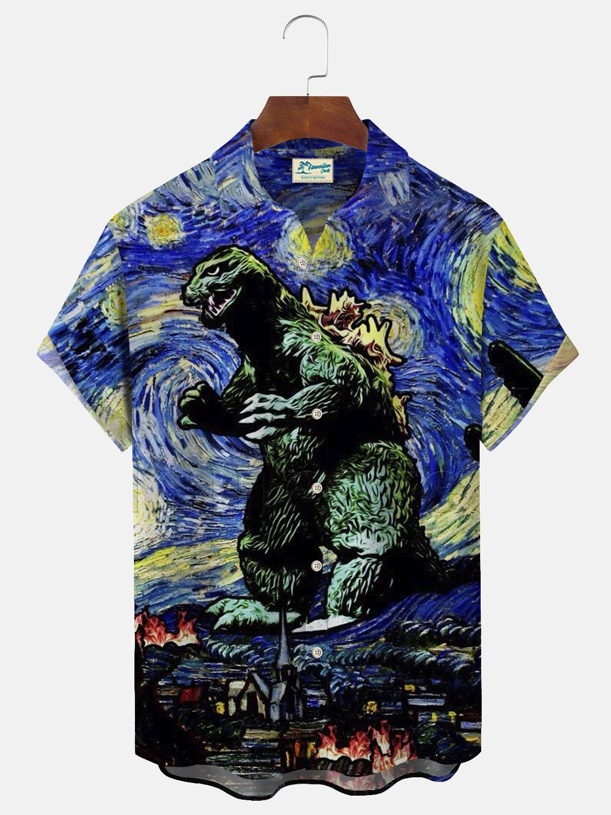 Royaura Retro Cartoon Dinosaur Blue Men's Hawaiian Shirts Monster Stretch Wrinkle Free Seersucker Aloha Camp Pocket Shirts