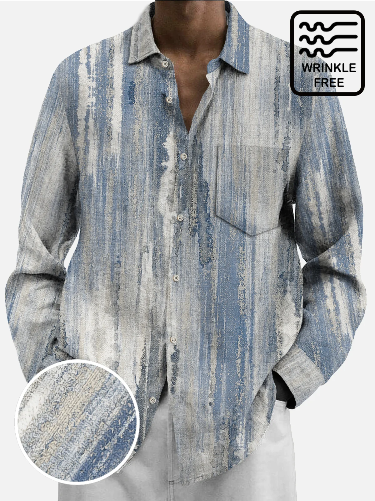 Royaura 50’s Vintage Textured Light Blue Men's Casual Long Sleeve Shirts Stretch Aloha Camp Pocket Wrinkle Free Seersucker Shirts