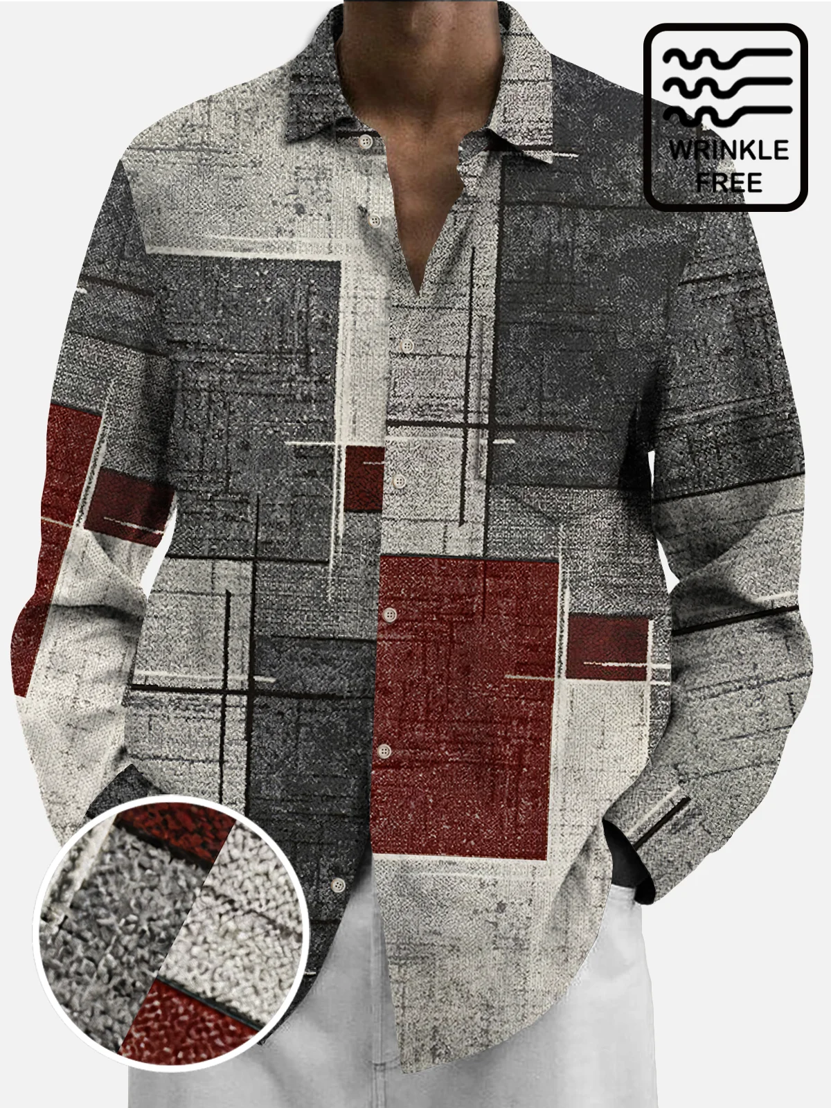 Royaura 50's Retro Mid-Century Geometric Art Red Men's  Long Sleeve Shirts Stretch Plus Size Aloha Camp Wrinkle Free Seersucker Shirts