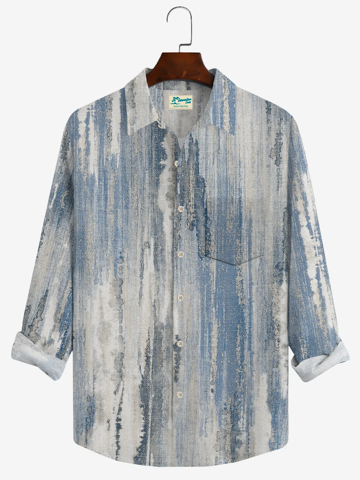 Royaura 50’s Vintage Textured Light Blue Men's Casual Long Sleeve Shirts Stretch Aloha Camp Pocket Wrinkle Free Seersucker Shirts