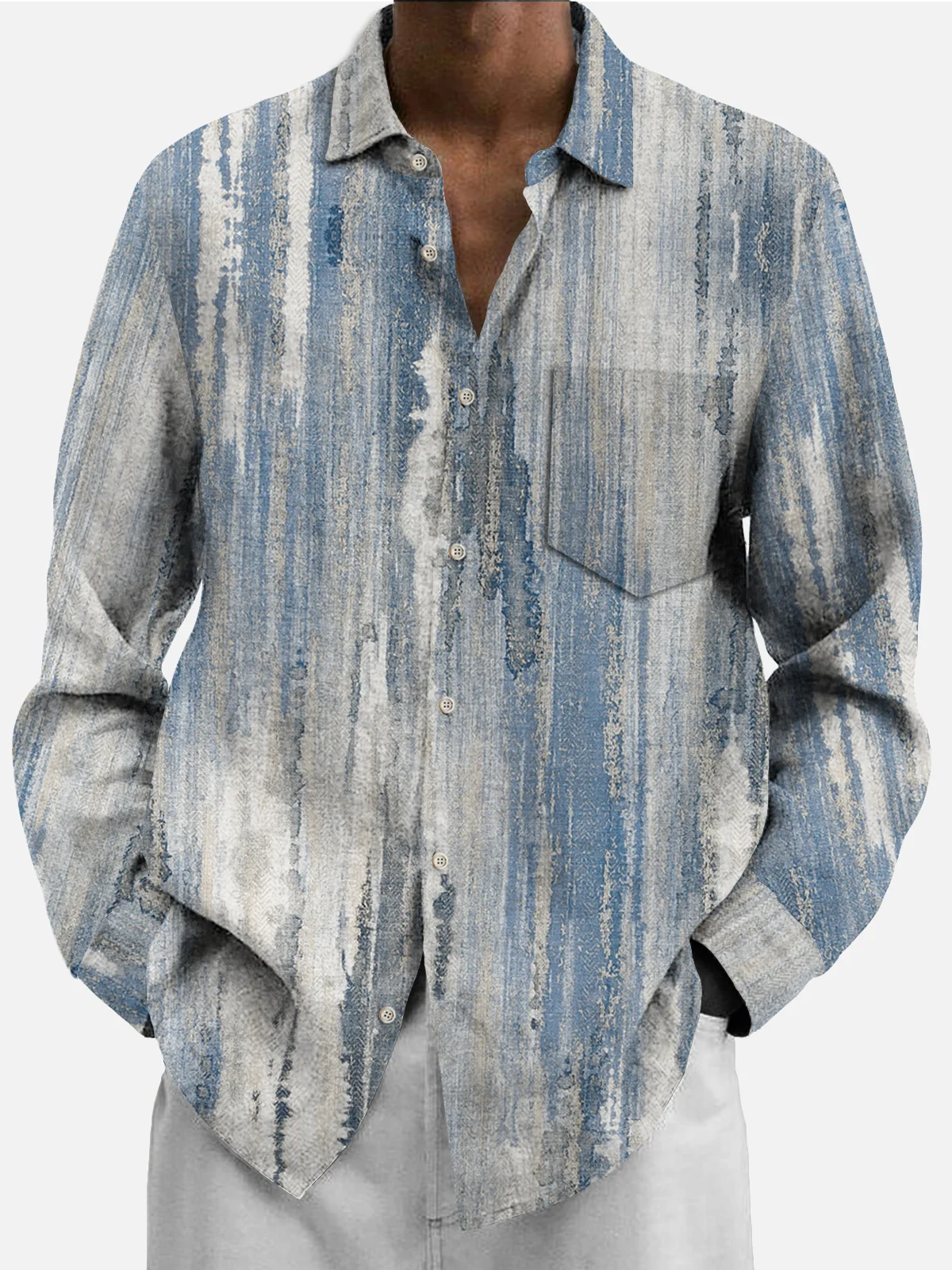 Royaura 50’s Vintage Textured Light Blue Men's Casual Long Sleeve Shirts Stretch Aloha Camp Pocket Wrinkle Free Seersucker Shirts
