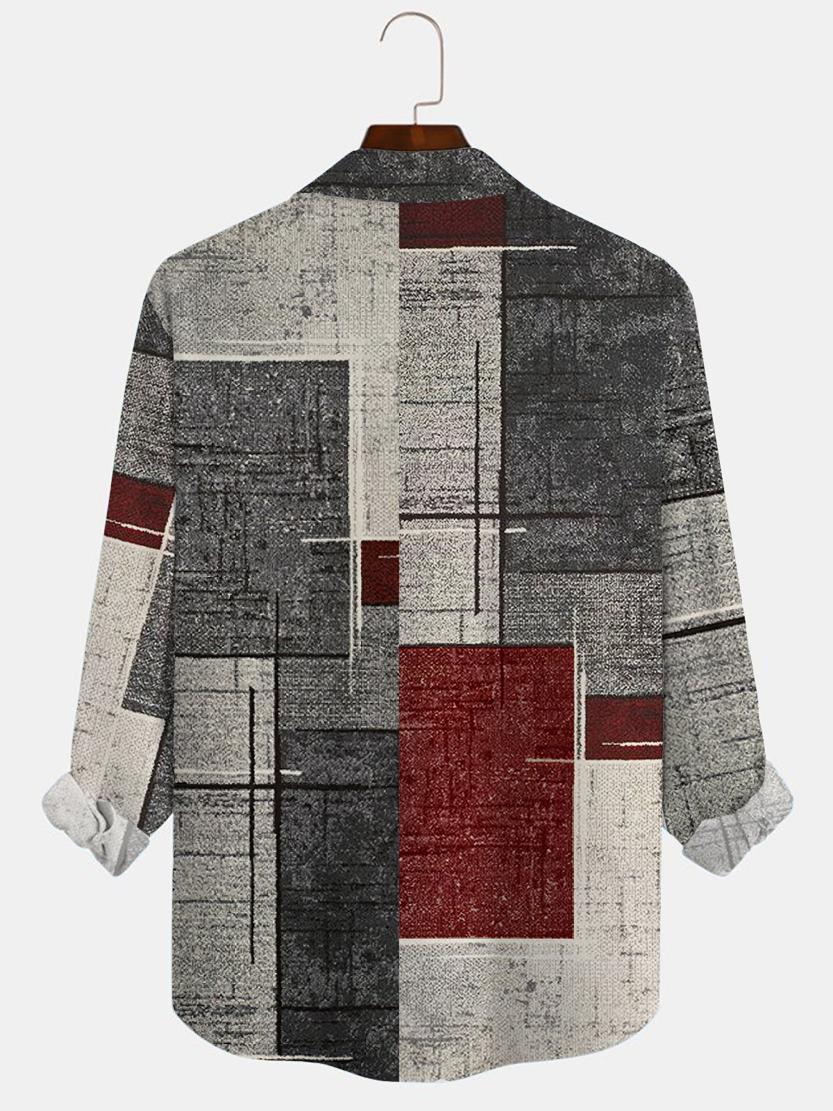 Royaura 50's Retro Mid-Century Geometric Art Red Men's  Long Sleeve Shirts Stretch Plus Size Aloha Camp Wrinkle Free Seersucker Shirts