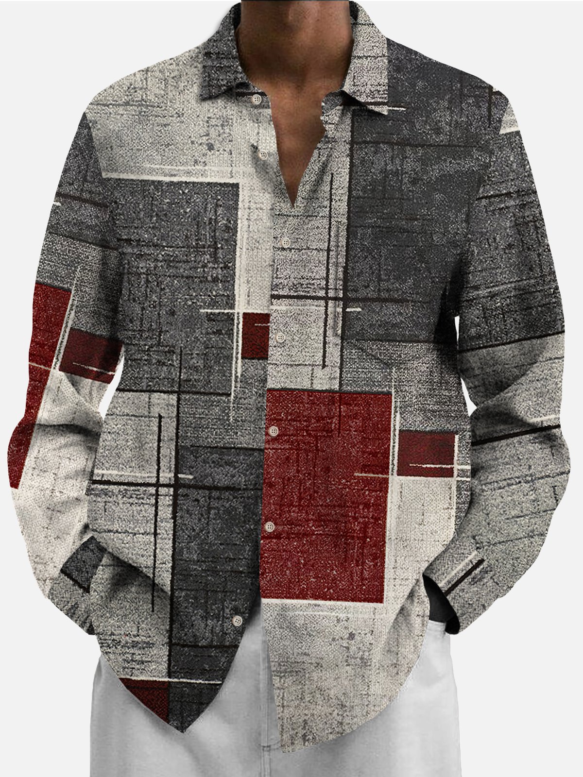 Royaura 50's Retro Mid-Century Geometric Art Red Men's  Long Sleeve Shirts Stretch Plus Size Aloha Camp Wrinkle Free Seersucker Shirts