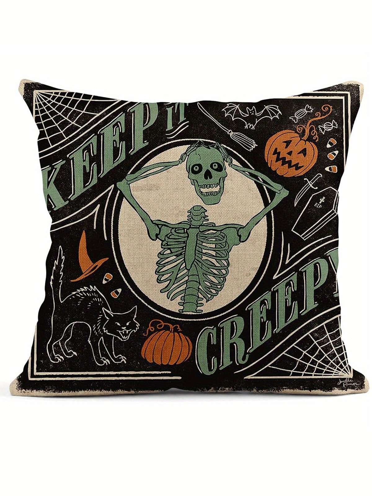Royaura Halloween Cat Skull Bat Print Cushion Pillow Case