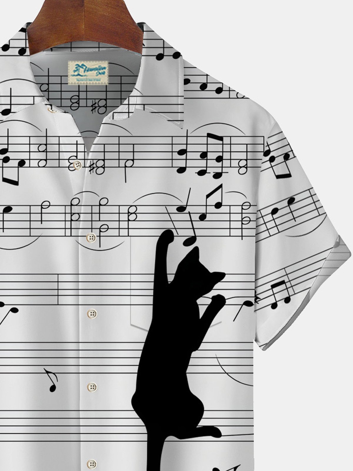 Royaura Men's Music Note Cat Print Button Pocket Shirt