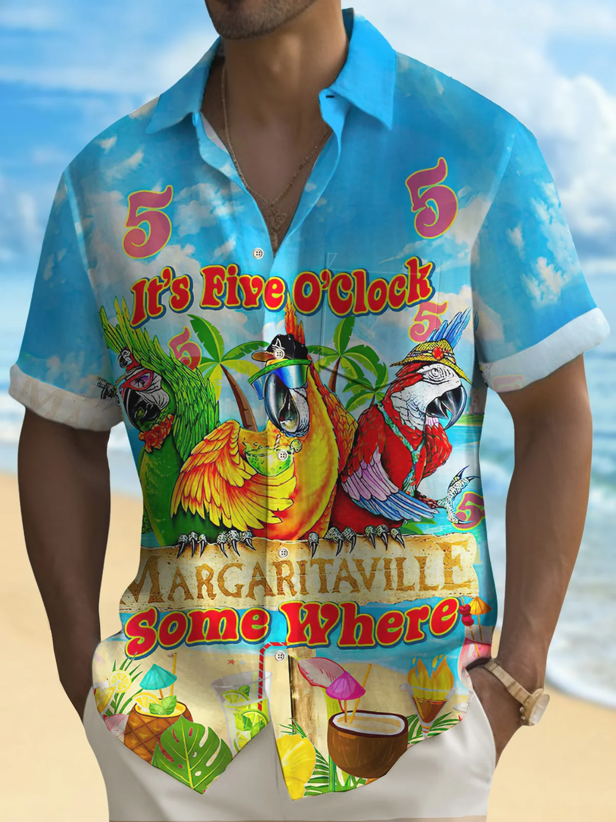 Royaura Hawaiian Parrot Five O'Clock Print Men's Button Pocket Shirt