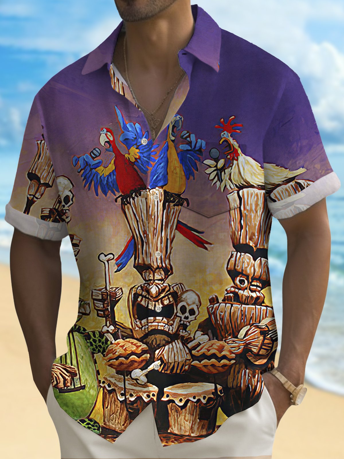 Royaura Print Beach Men's Hawaiian Oversized Shirt with Pockets