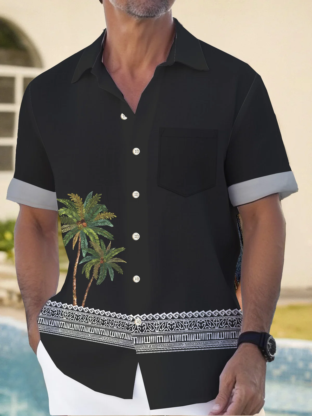 Royaura Coconut Print Men's Hawaiian Shirt Stretch Plus Size Aloha Camp Pocket Button-Down Shirt