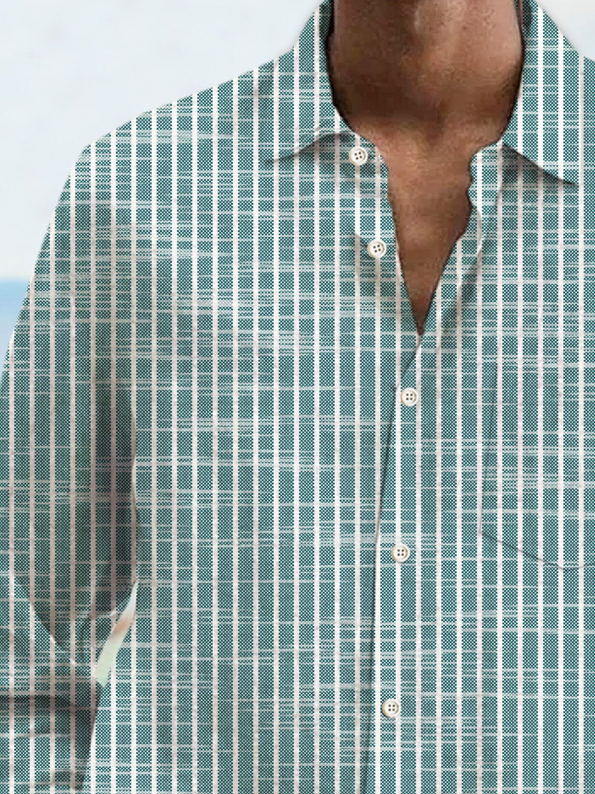Royaura Striped Textured Print Men's Button Pocket Stand Collar Shirt