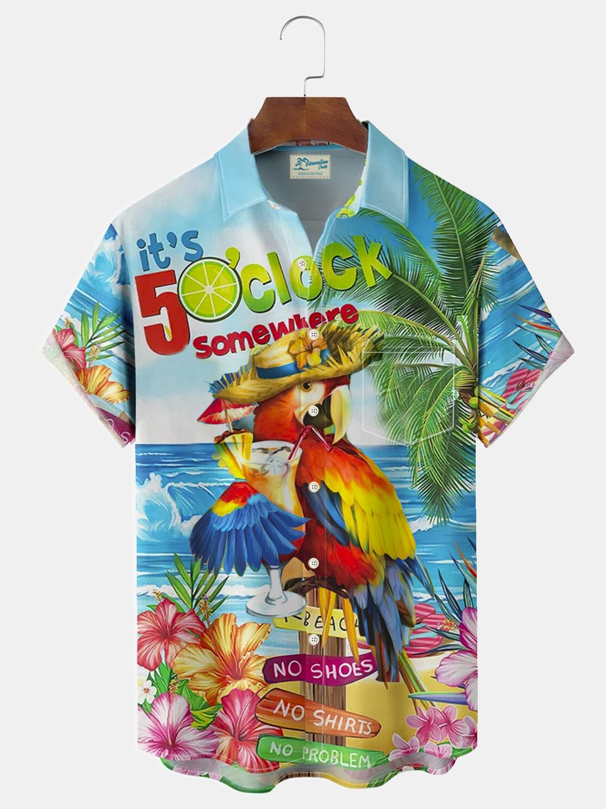 It's 5 O'Clock Somewhere Parrot Chest Pocket Short Sleeve Hawaiian Shirt