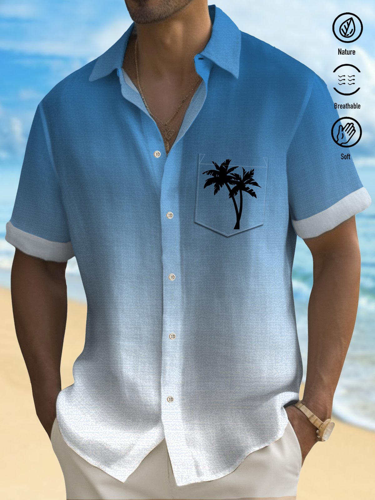 Royaura Men's Gradient Coconut Tree Print Button Pocket Shirt