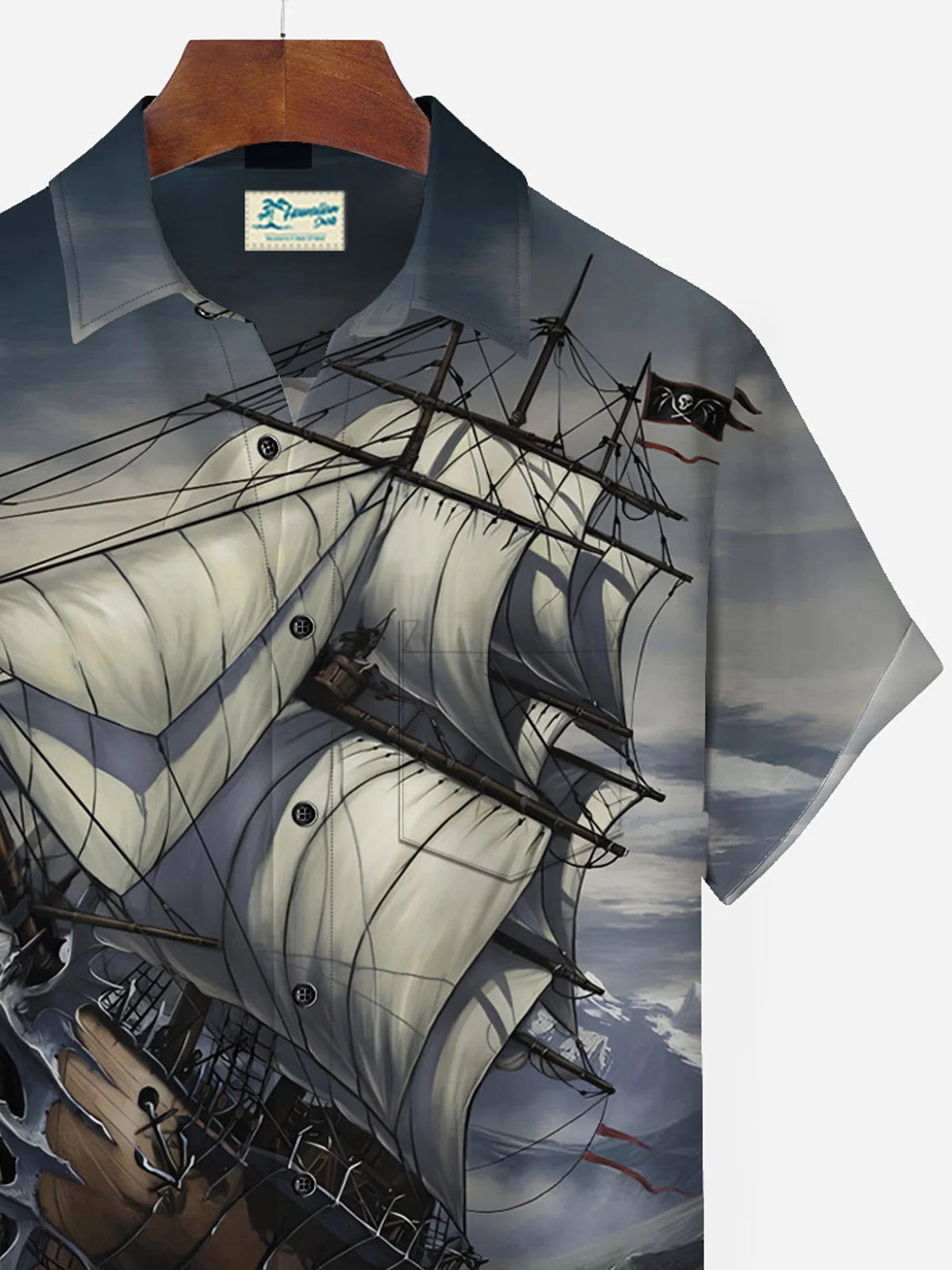 Royaura 50's Vintage Nautical Sailboat Gray Men's Casual Shirt Cartoon Art Stretch Plus Size Aloha Camp Pocket Shirts