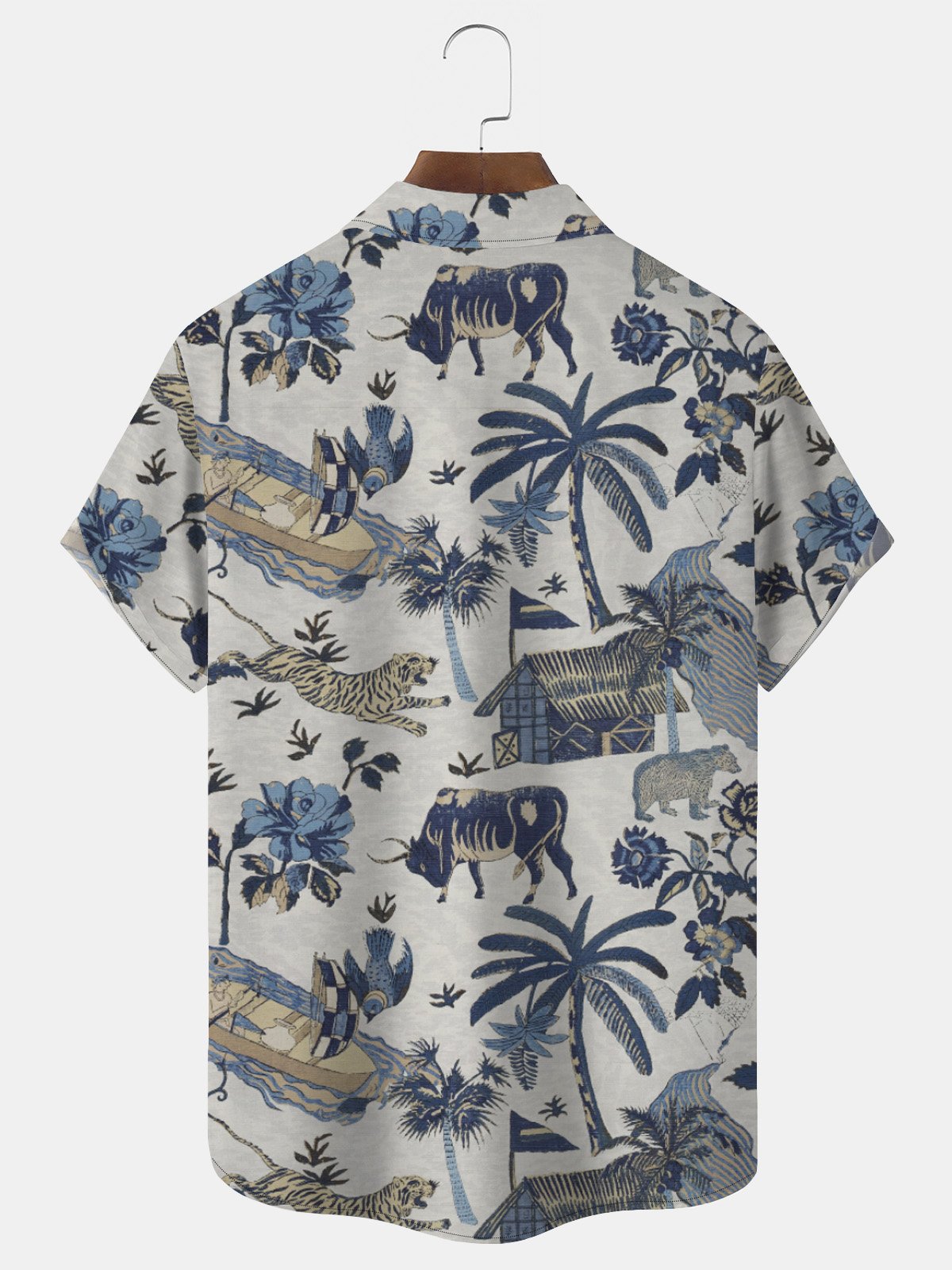 Royaura Beach Vacation Vintage Men's Hawaiian Shirt Coconut Tree Tiger Cartoon Stretch Aloha Camp Pocket Shirts