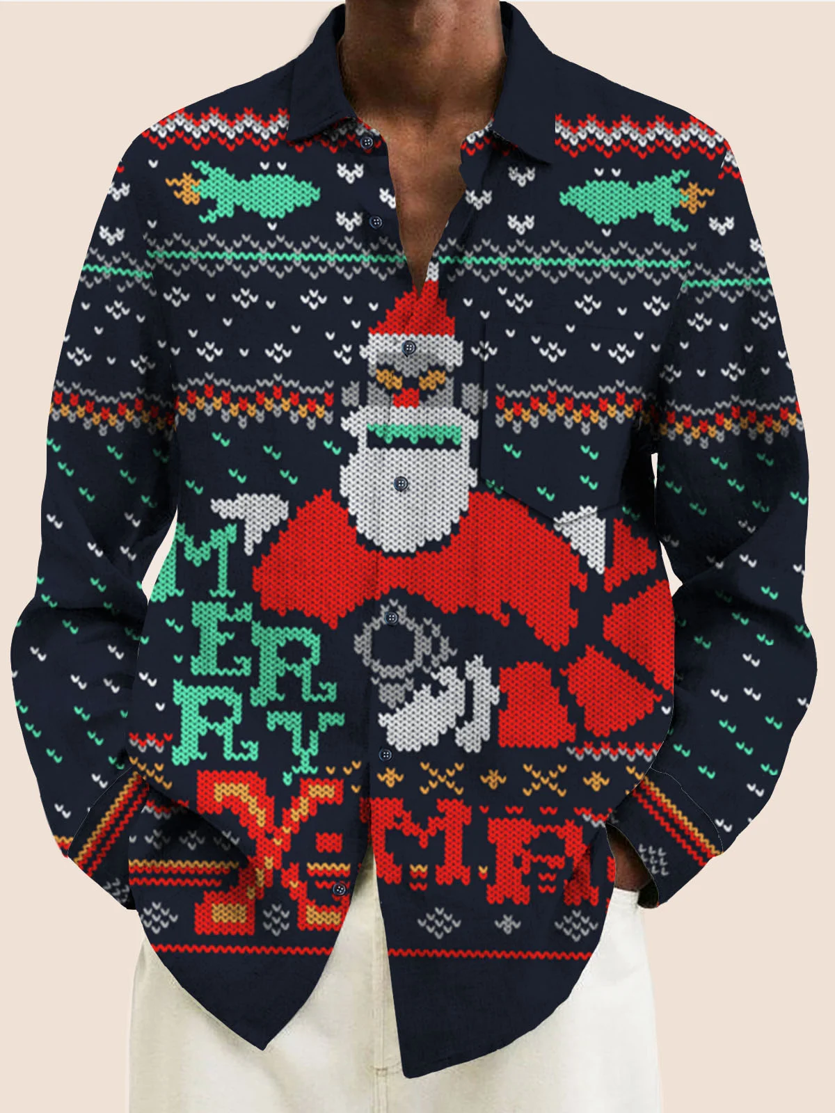 Royaura Christmas Holiday Navy Long Sleeve Casual Shirts Santa Claus Cartoon Art Camp Button Shirts