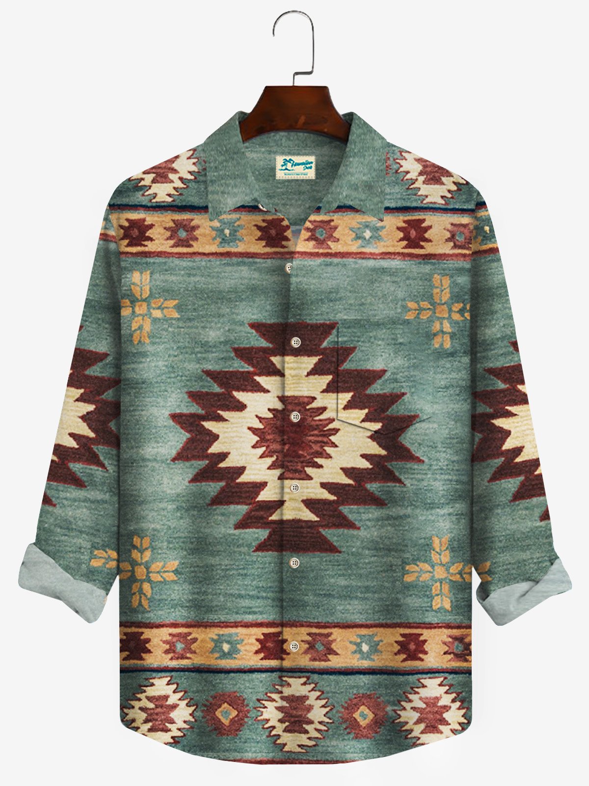 Royaura Vintage Aztec Geometric Art Men's Casual Long Sleeve Shirt Warm Ethnic Totem Plus Size Camp Pocket Shirts