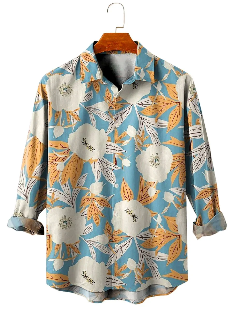 Royaura Vintage Floral Light Blue Men's Casual Shirt Warm Comfortable Easy Care Art Aloha Camp Pocket Button Long Sleeve Shirts