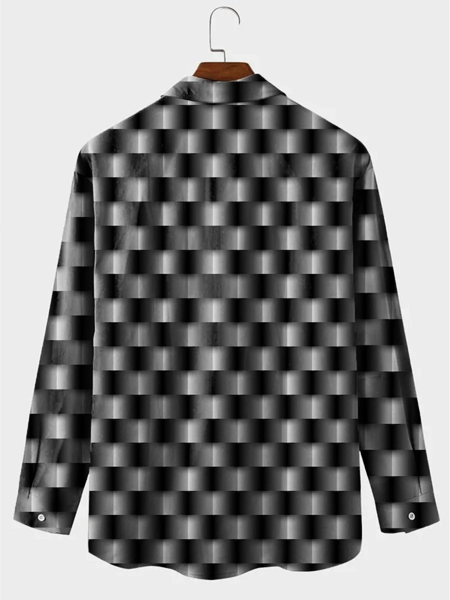 Royaura 50’s Medieval Geometric Art Black Men's Long Sleeve Shirts Gradient Plaid Warm Outdoor Camp Pocket Shirts
